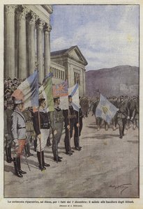 A december 1-jei események jóvátételi ceremóniája Athénban, tisztelgés a szövetségesek zászlói előtt